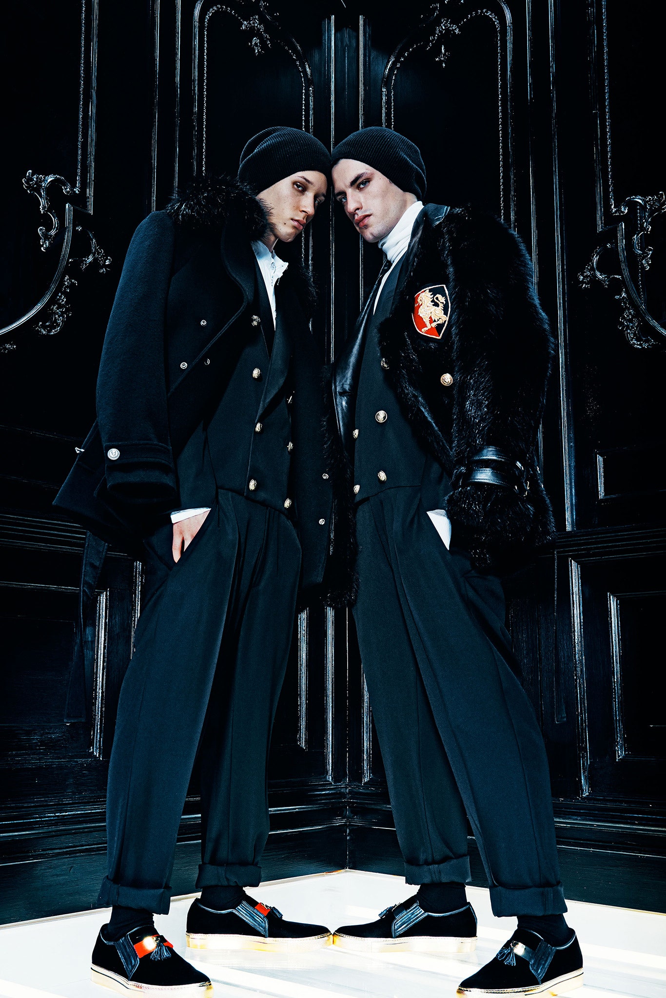 black tailored coat and pants