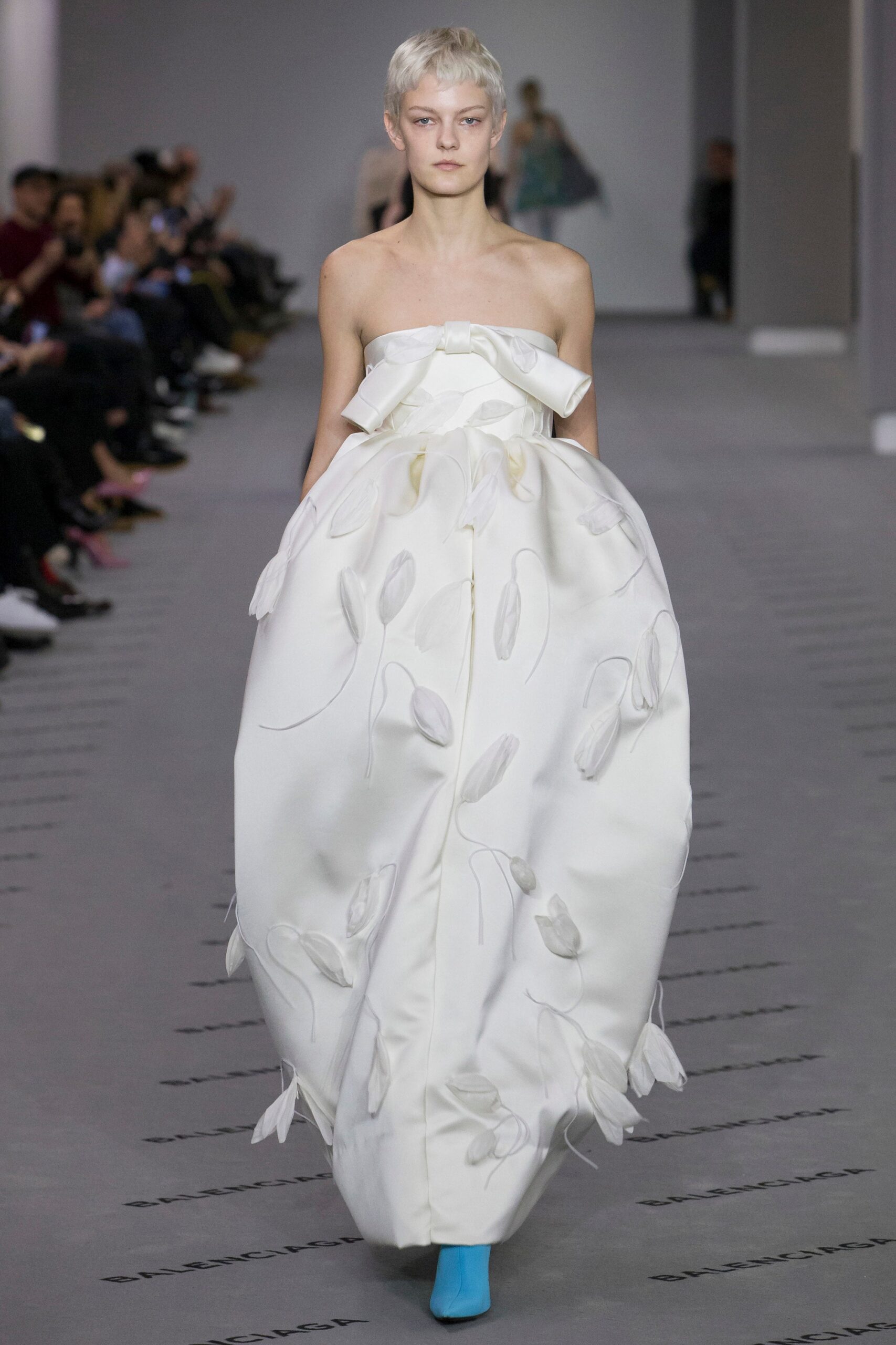 white silk strapless gown