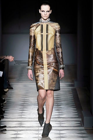 fitted brown and gold printed dress