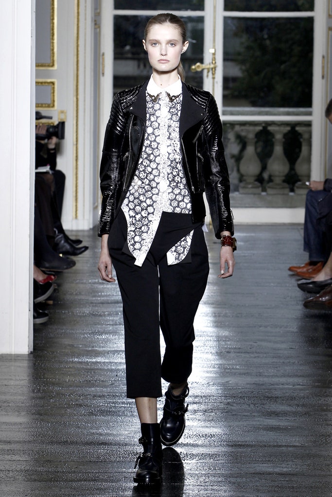 black leather jacket with printed shirt