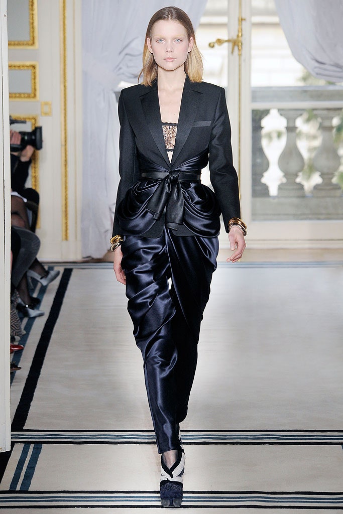 blue silk fitted draped shiny pants