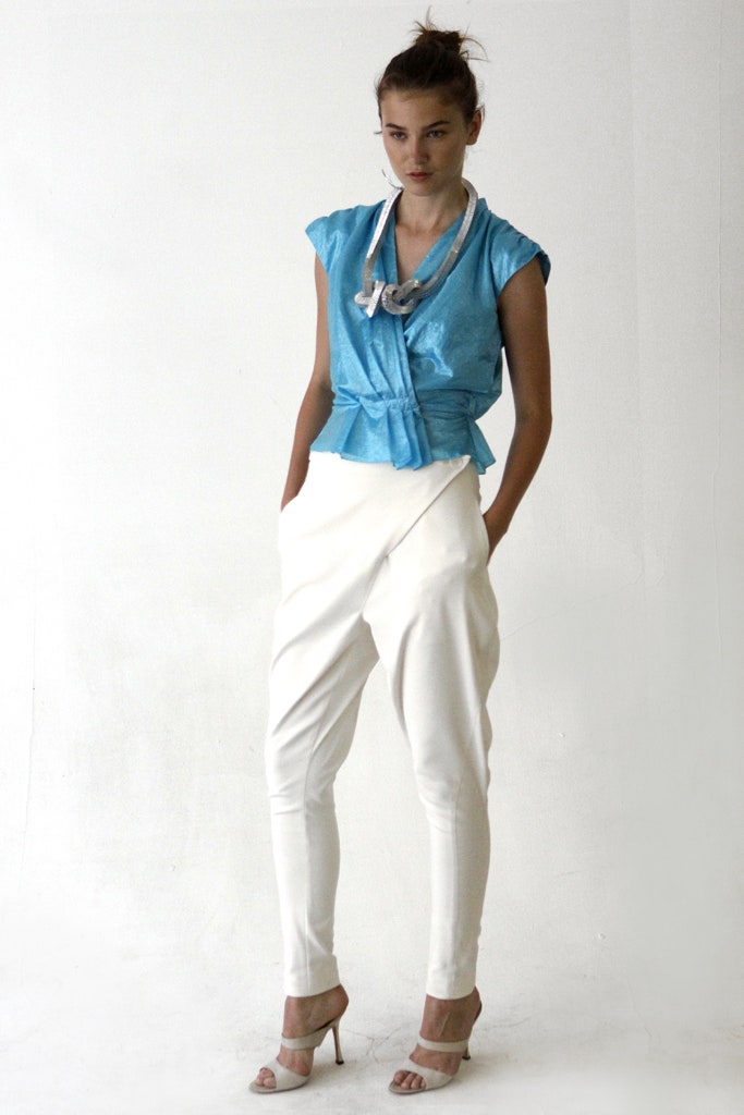 blue draped sleeveless top