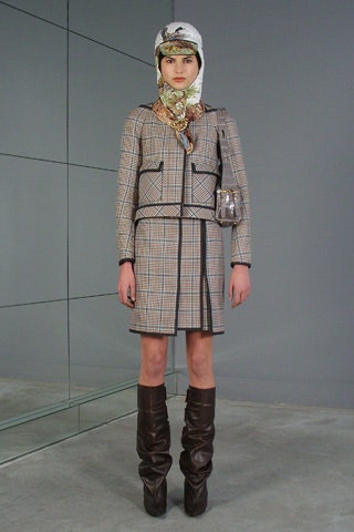 beige checked coat with brown boots