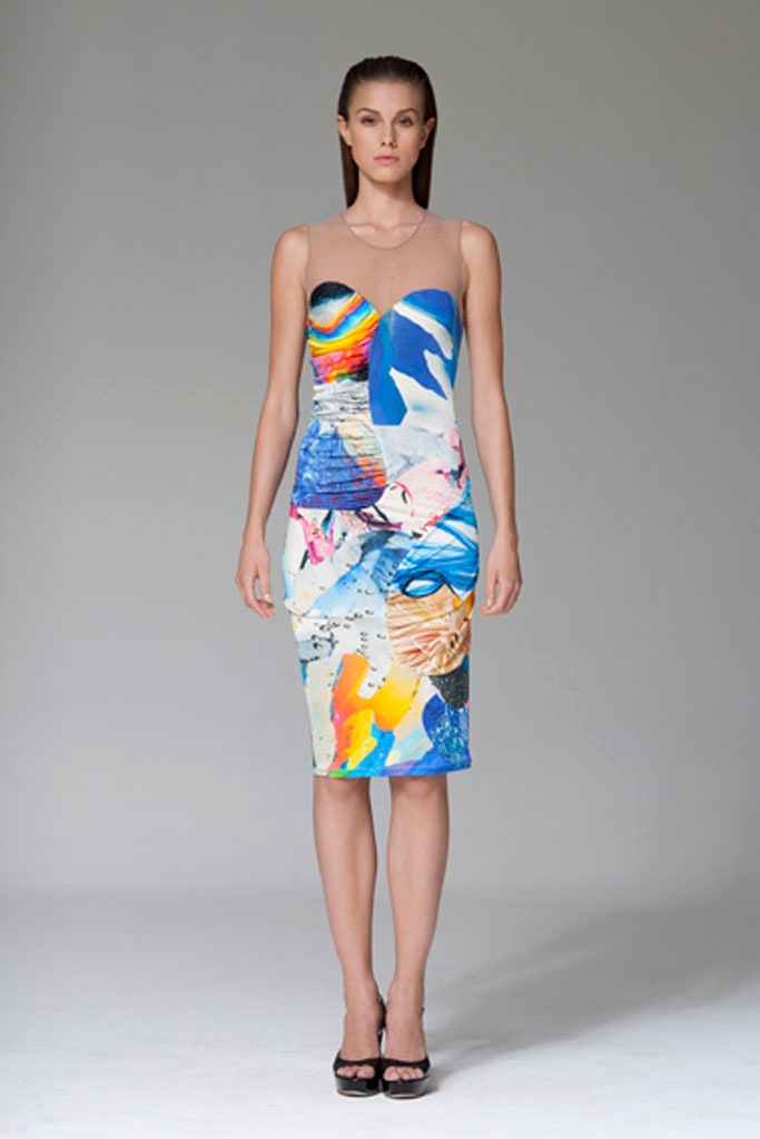 multi-colored fitted midi dress