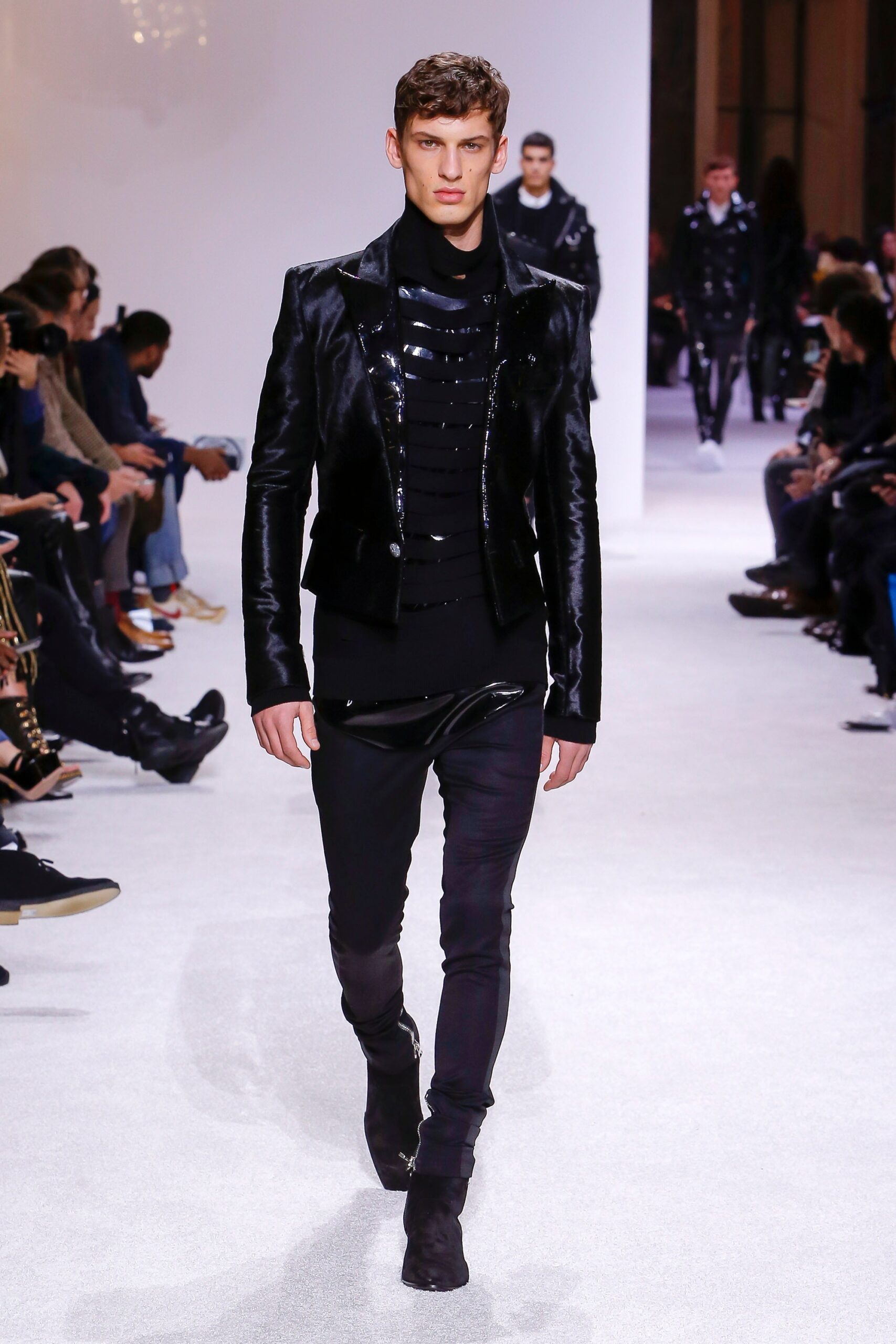 black leather fitted jacket and pants
