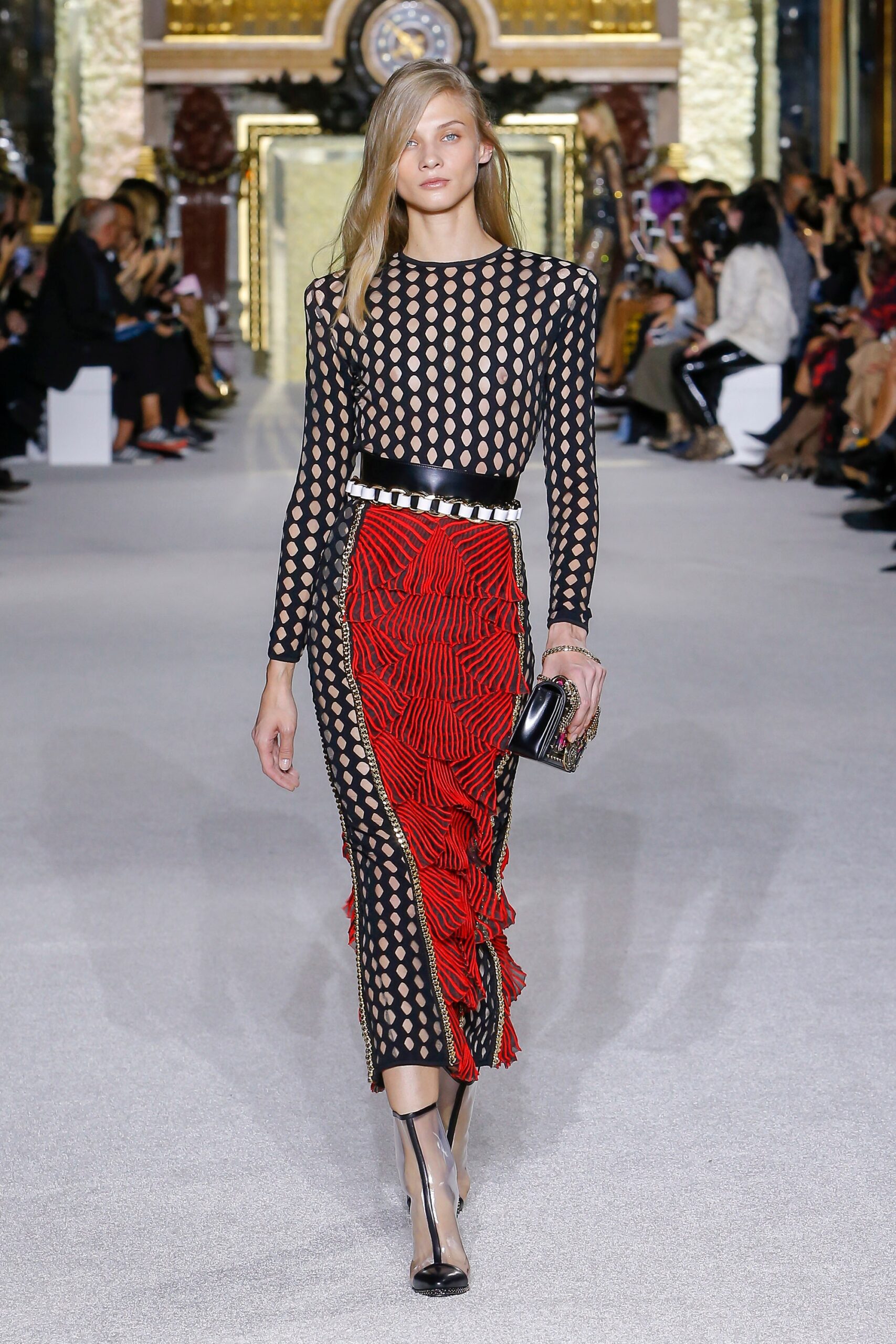 black and red pleated midi dress