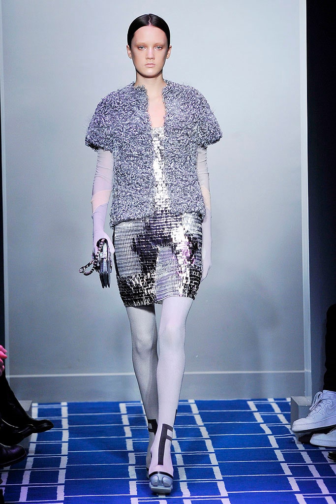 silver sequin mini dress with gray jacket