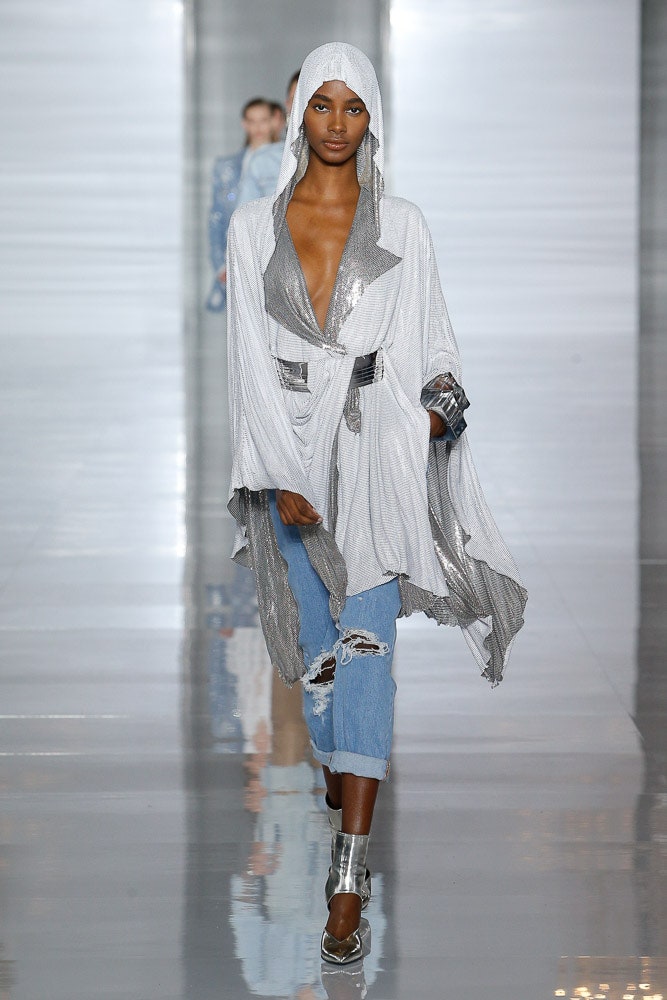 silver metallic cape with distressed jeans