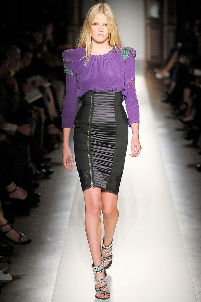purple silk fitted top with pencil skirt