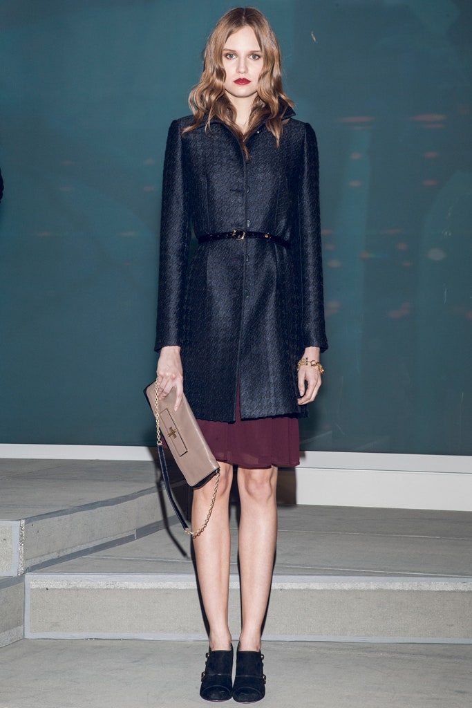 black wool coat with maroon dress