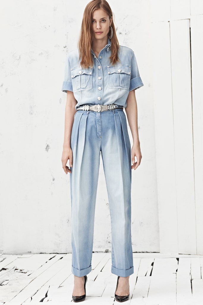 blue denim fitted high-waisted pleated straight-leg pants