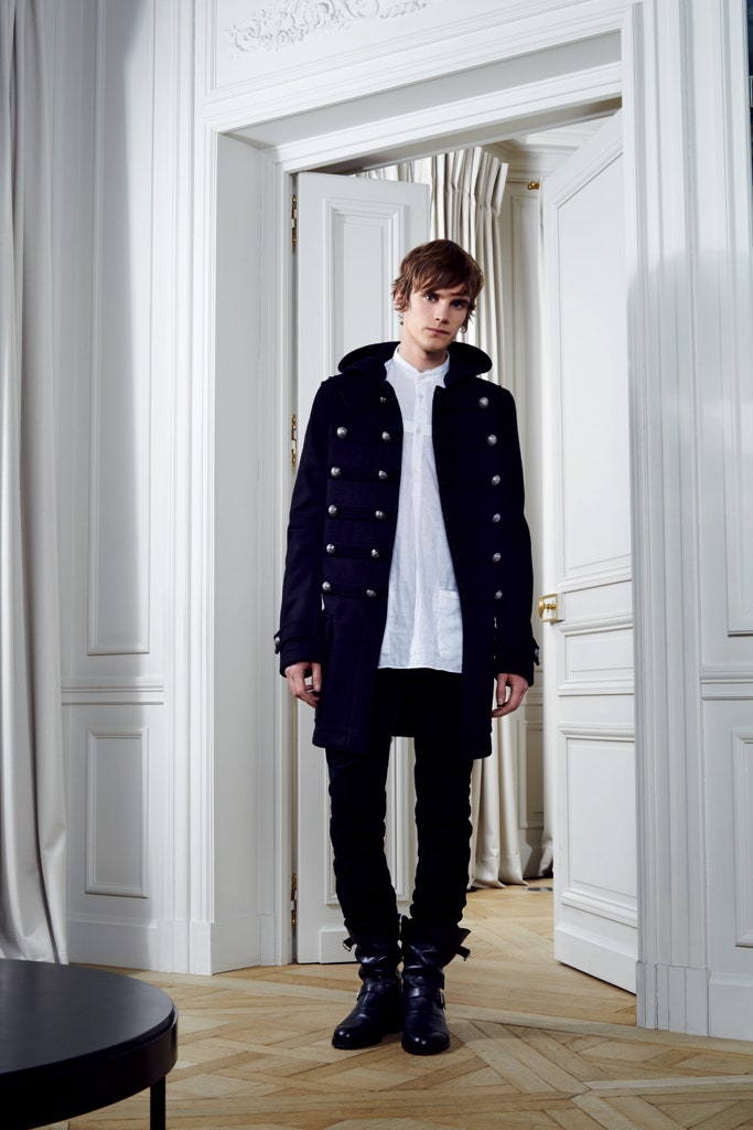 black wool coat white shirt