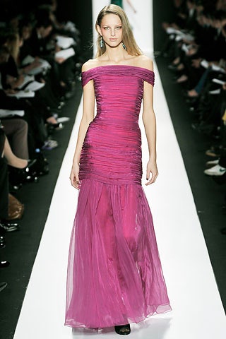 pink silk off-shoulder gown