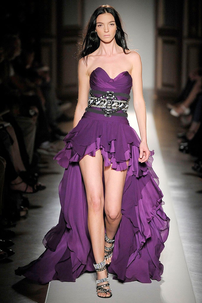 purple silk strapless gown