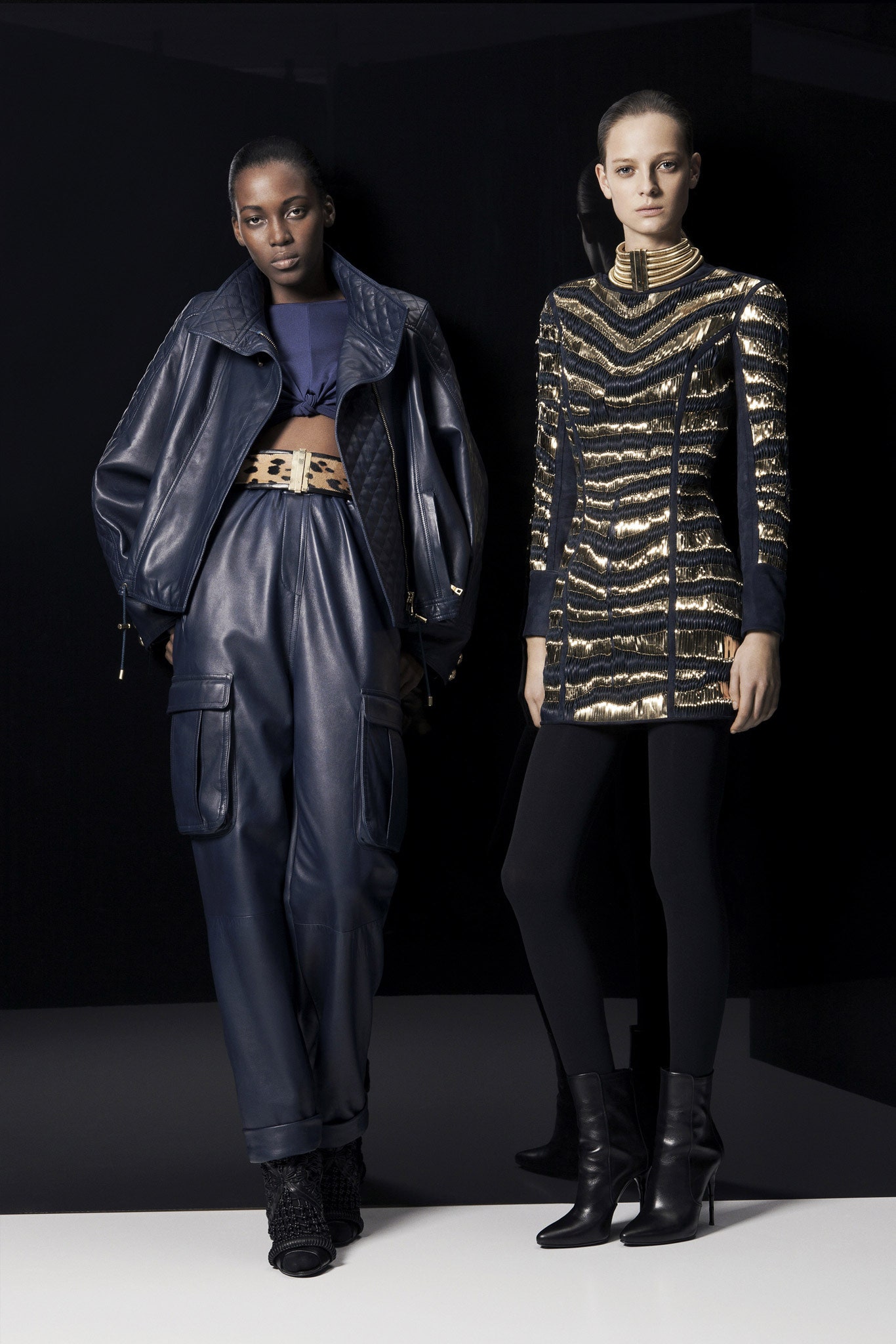blue leather long-sleeve collared oversized zippered pockets jacket