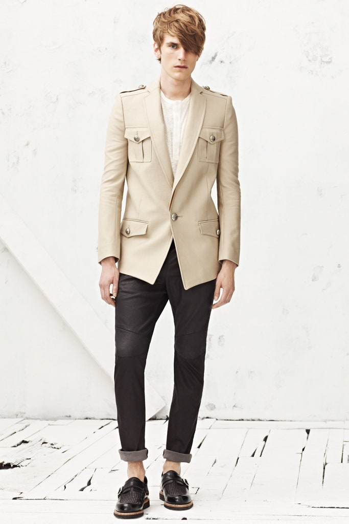 beige tailored blazer with black pants