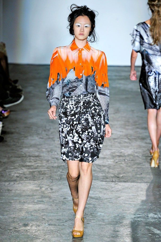 fitted printed shirt and pencil skirt