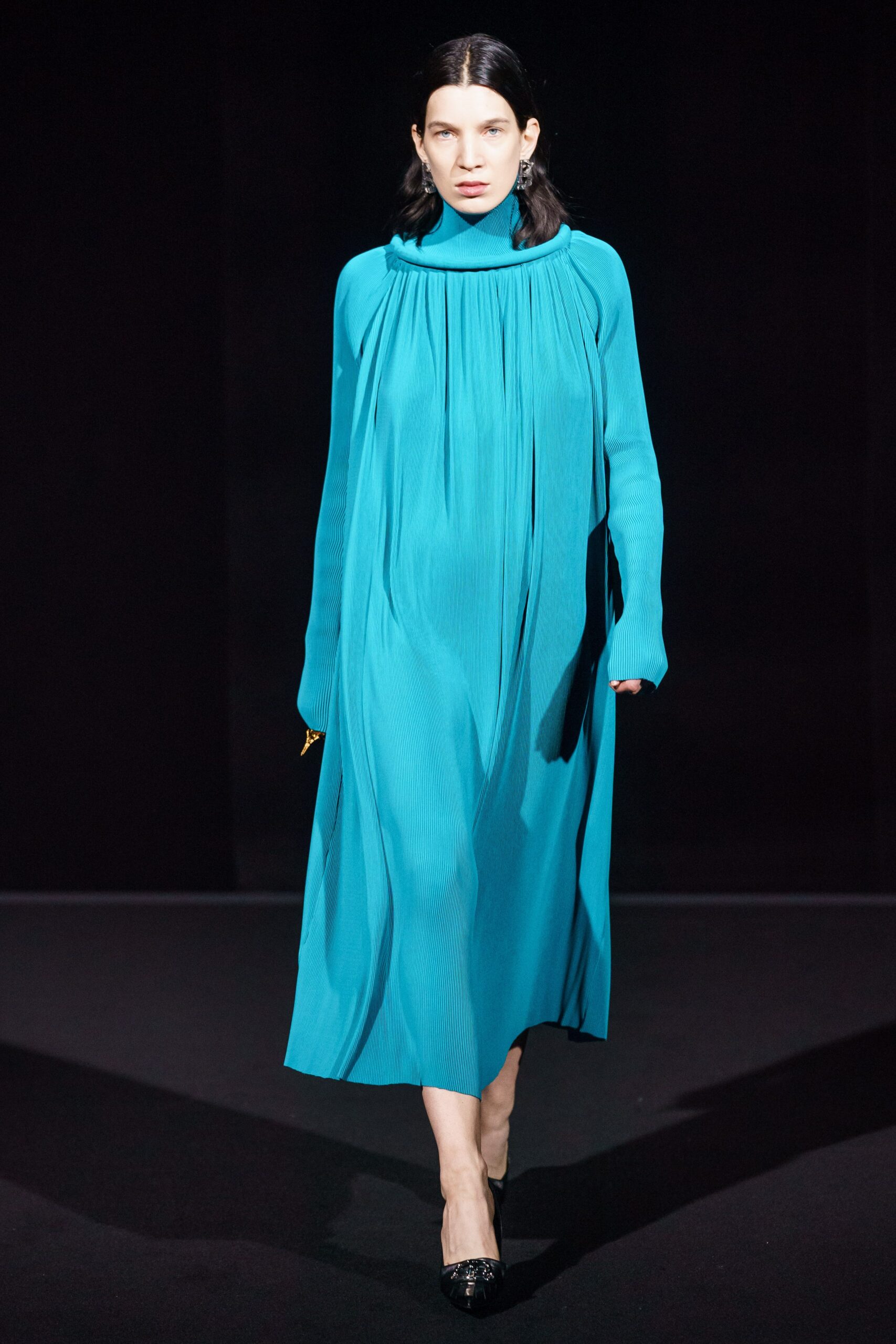 blue pleated midi dress