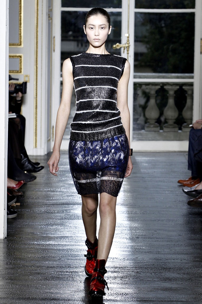 fitted black and white striped top with blue lace skirt