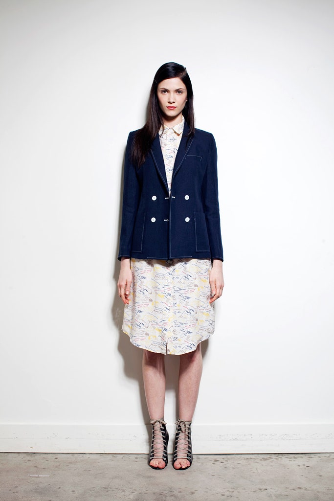 blue tailored blazer with yellow dress