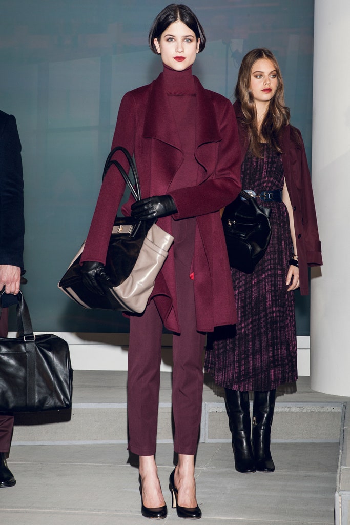 maroon wool coat with fitted pants