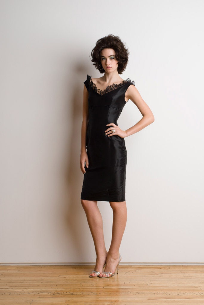 black silk fitted dress with ruffles