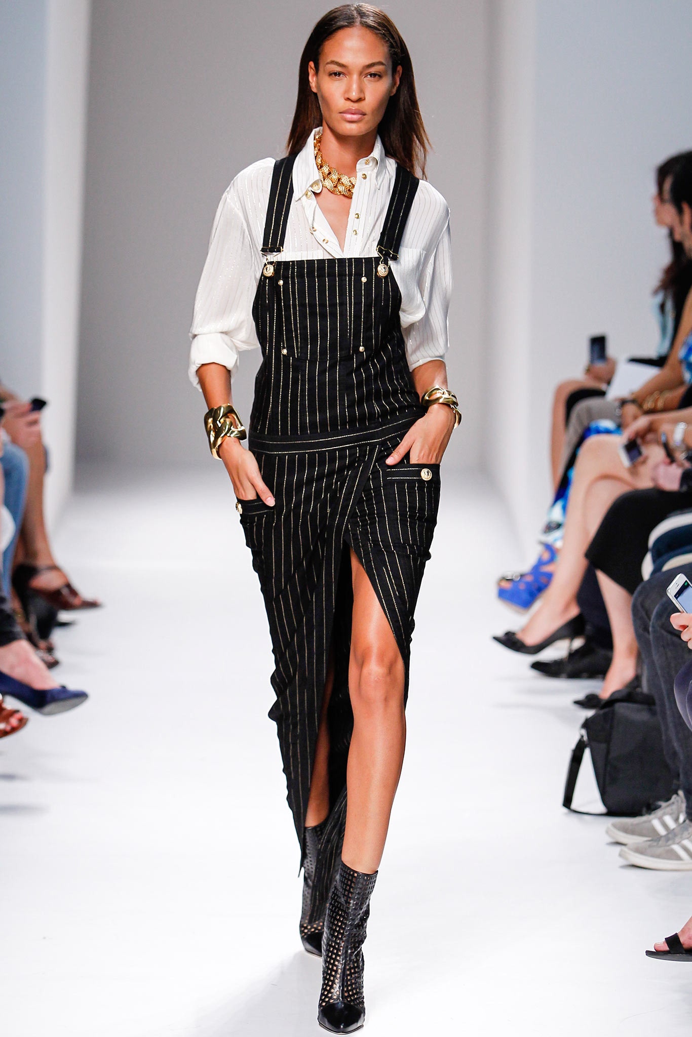 black striped midi dress and white shirt