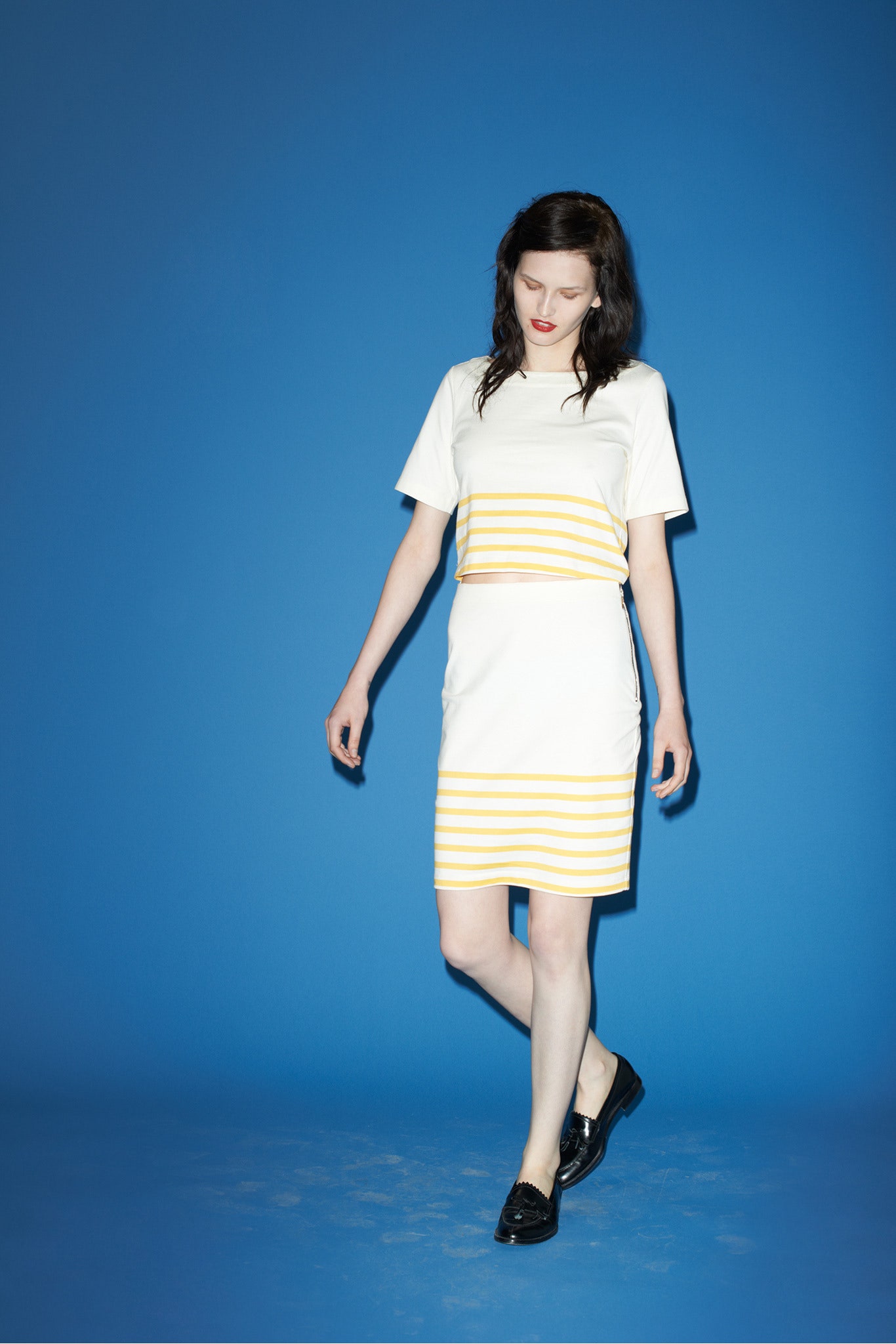 white and yellow striped midi dress