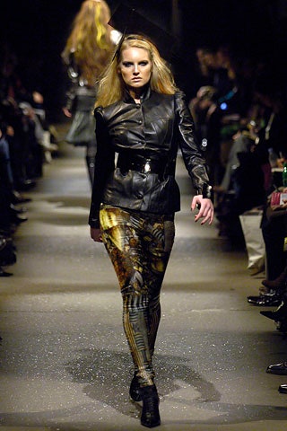 black leather fitted jacket with printed pants