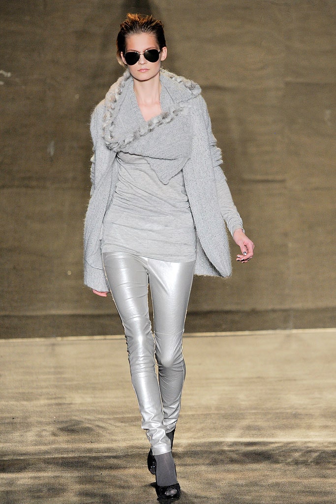 gray wool sweater with silver pants