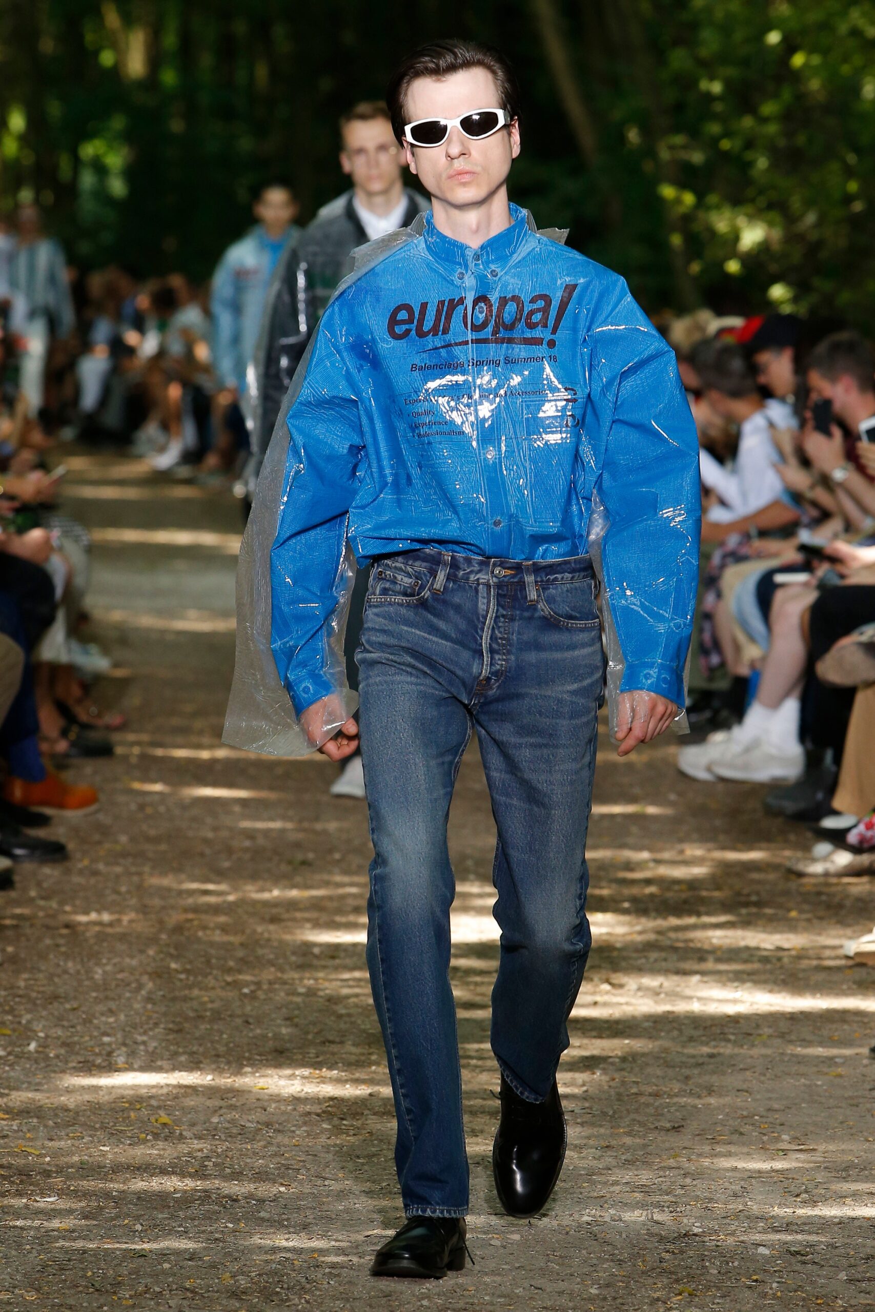 blue vinyl long-sleeve collared relaxed printed shirt