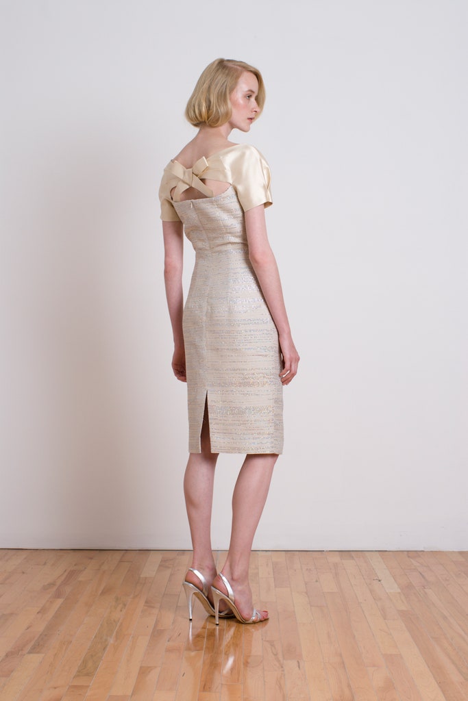 beige silk fitted dress