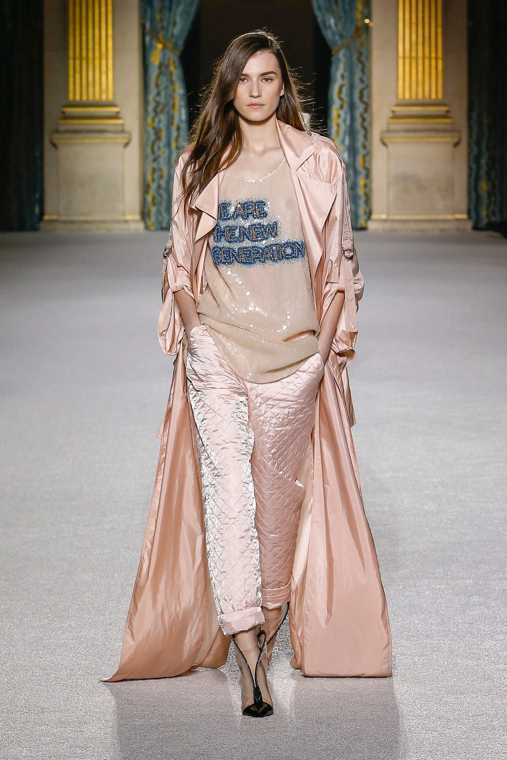 pink silk trench coat with sequined top