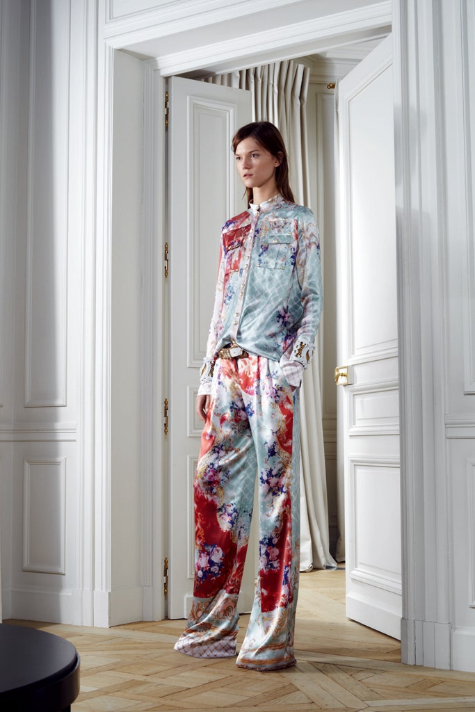 blue silk long-sleeve collared relaxed floral buttoned shirt
