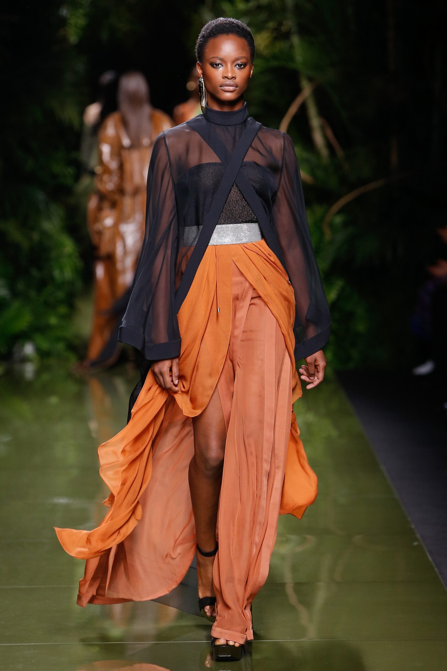orange chiffon relaxed high-waisted layered flowing pants