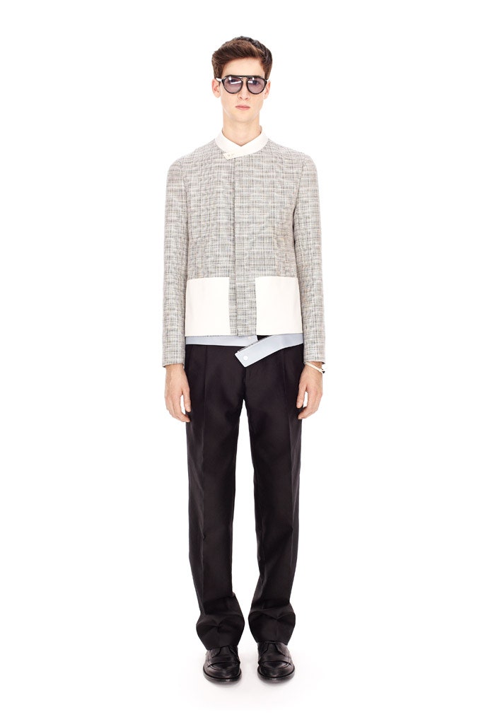 gray cotton long-sleeve collared structured buttoned layered jacket