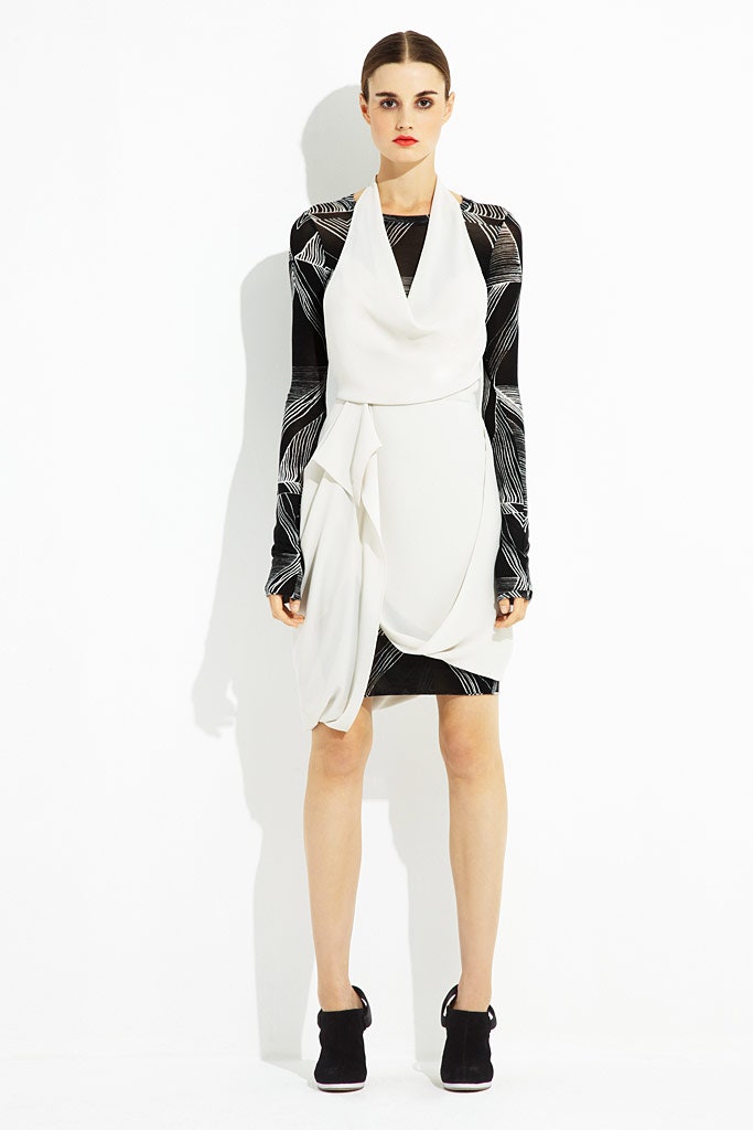 white draped dress with black top