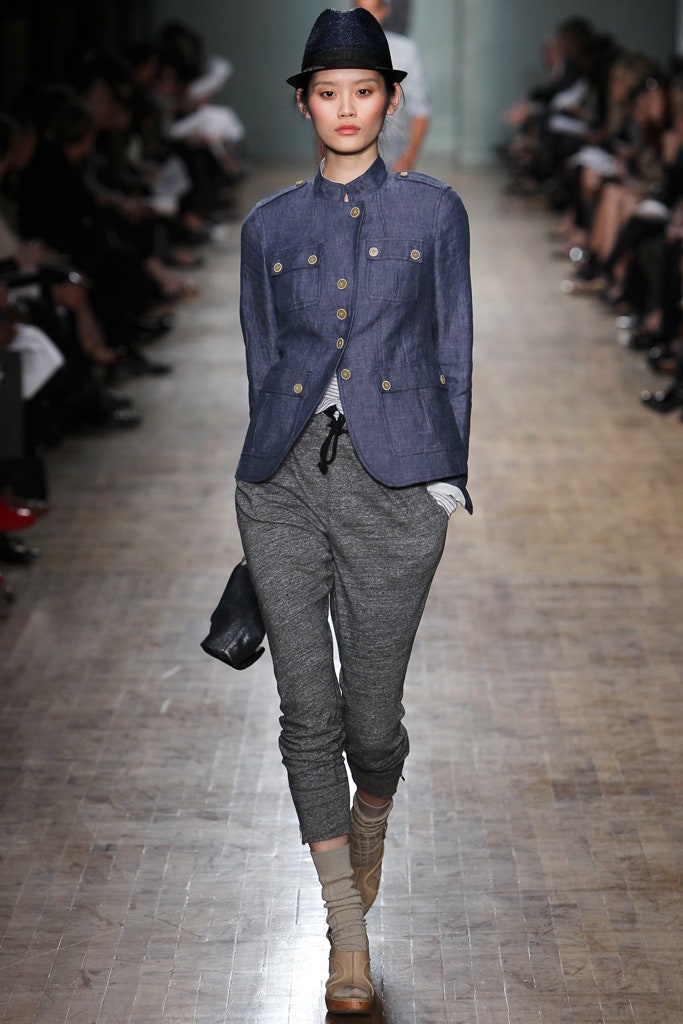 blue cotton jacket with gray pants