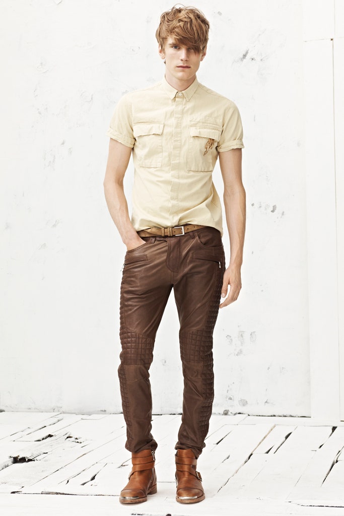 beige fitted shirt with brown pants