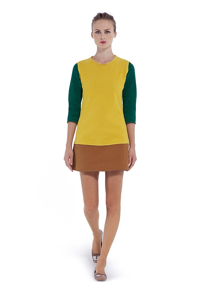 yellow green top with brown skirt