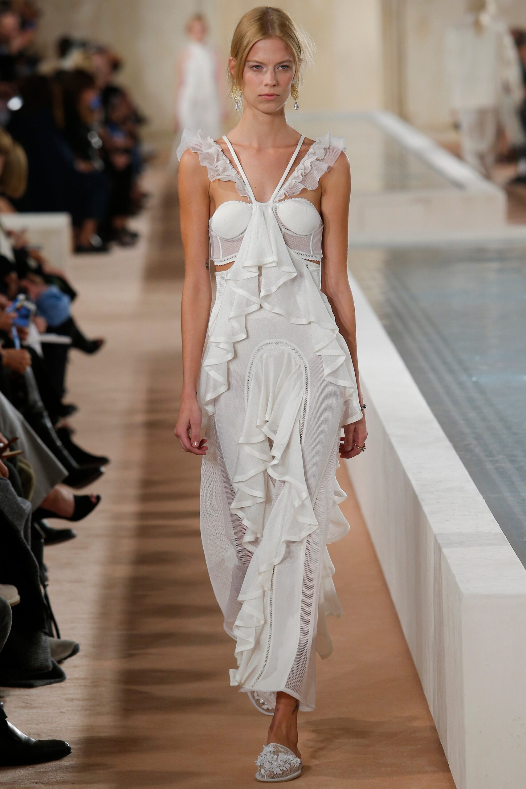 fitted white ruffled maxi dress
