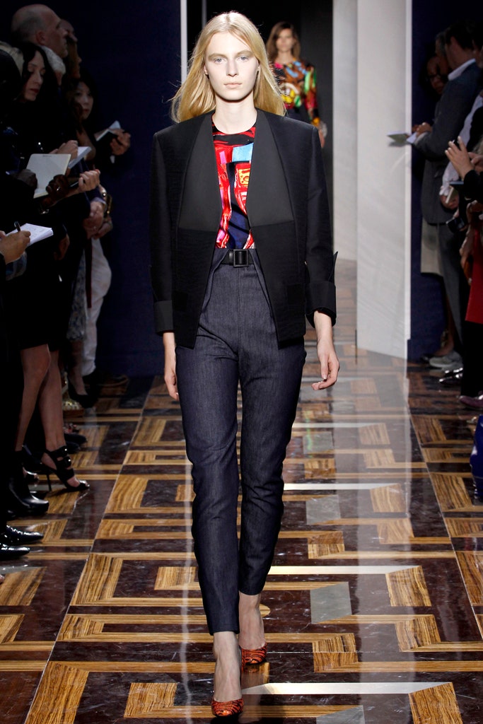 black blazer red shirt blue pants