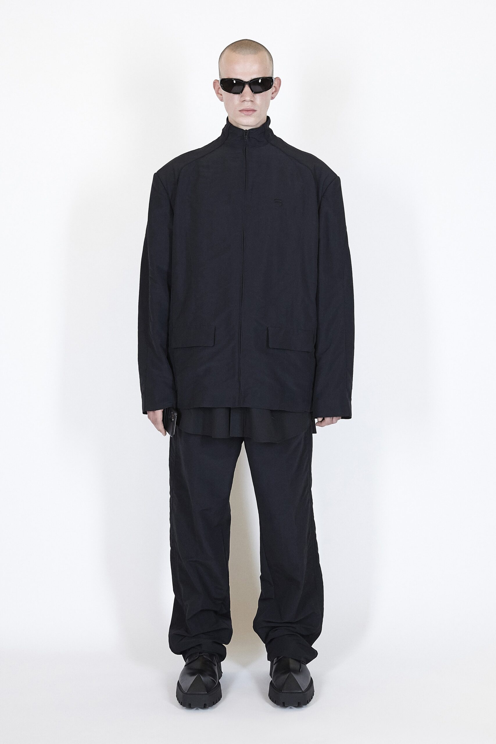 oversized black jacket with relaxed pants
