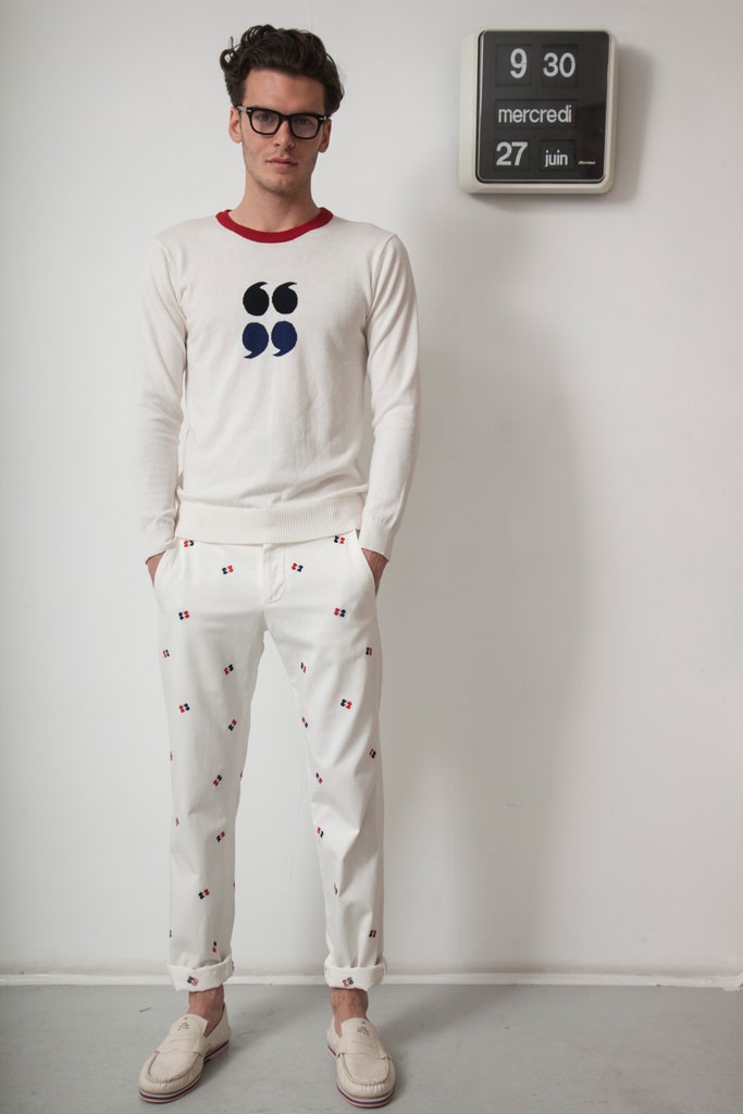 white printed sweater and pants