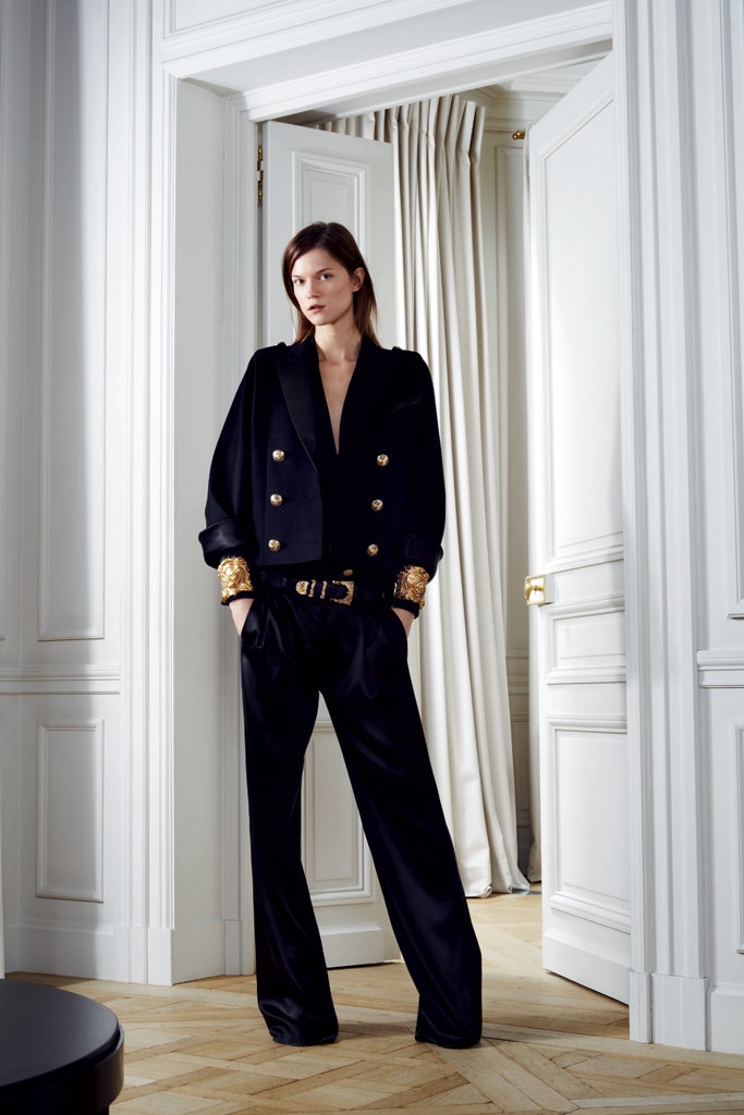 black tailored blazer and relaxed pants