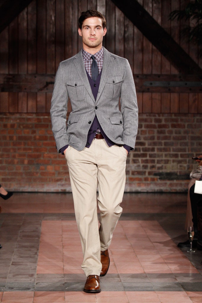 gray tailored blazer with beige pants
