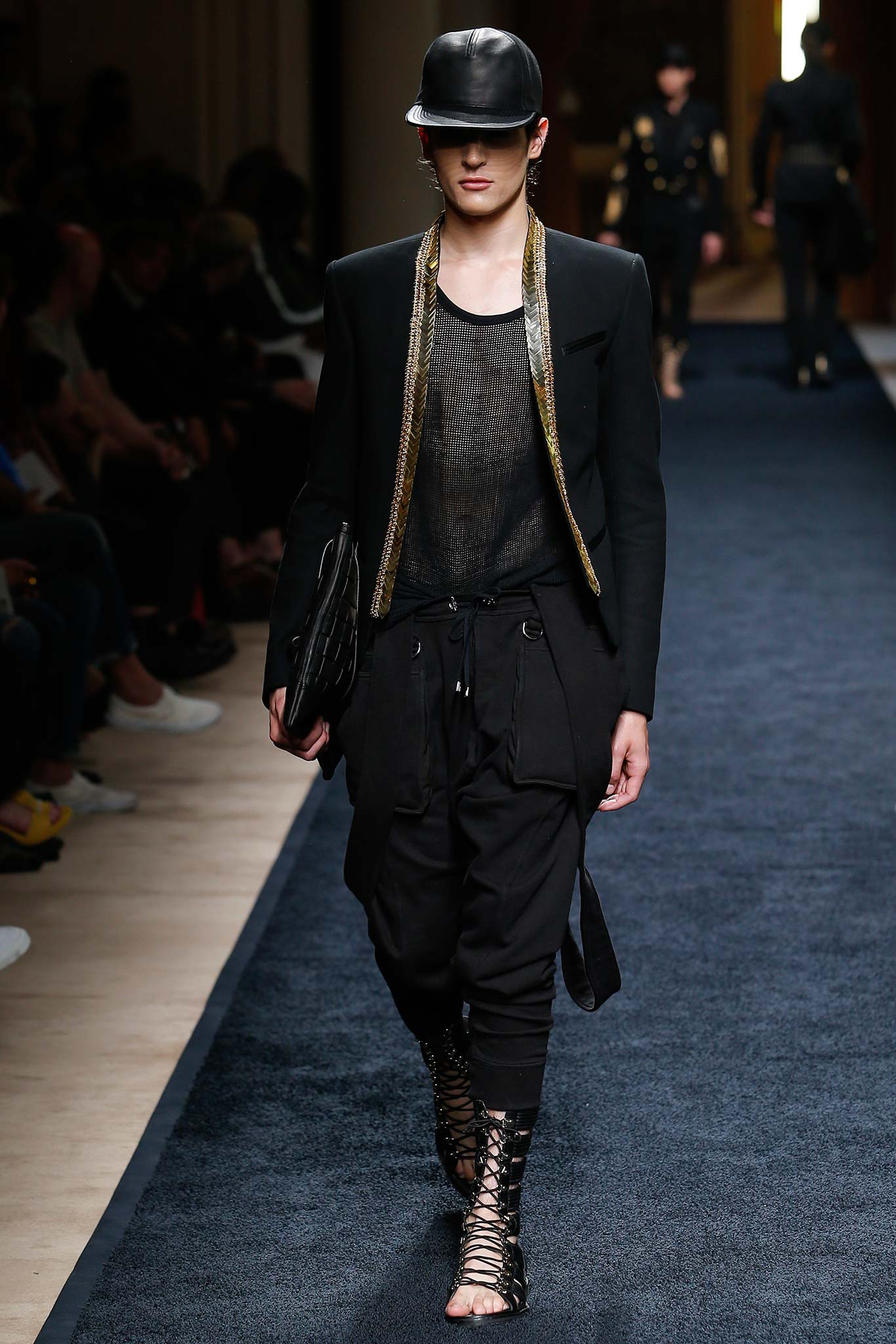 black tailored blazer and sheer top