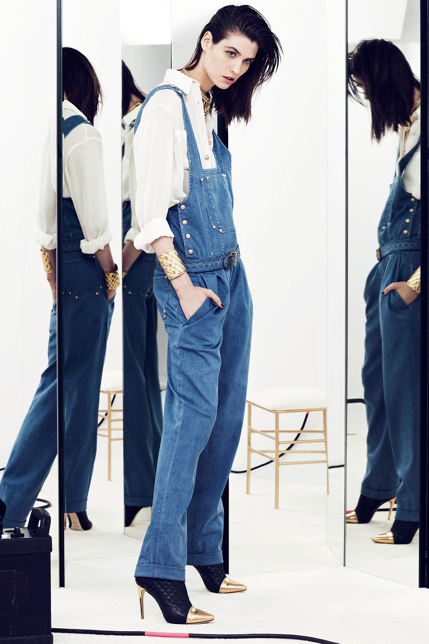 blue denim overalls with white shirt
