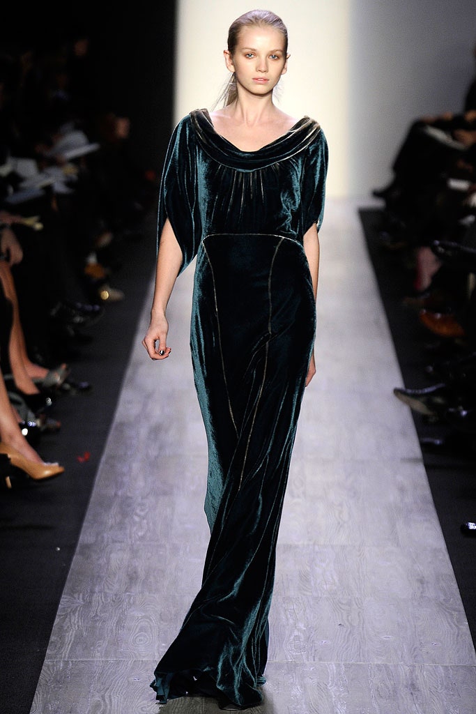green velvet long-sleeve gown