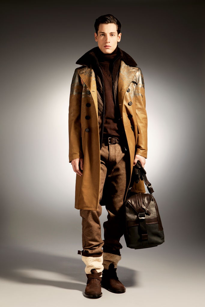 brown leather long-sleeve collared structured buttoned coat